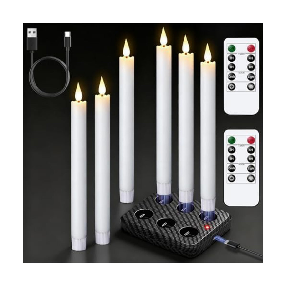 GenSwin Rechargeable Flameless Taper Candles Charging Base & 2 Remote White