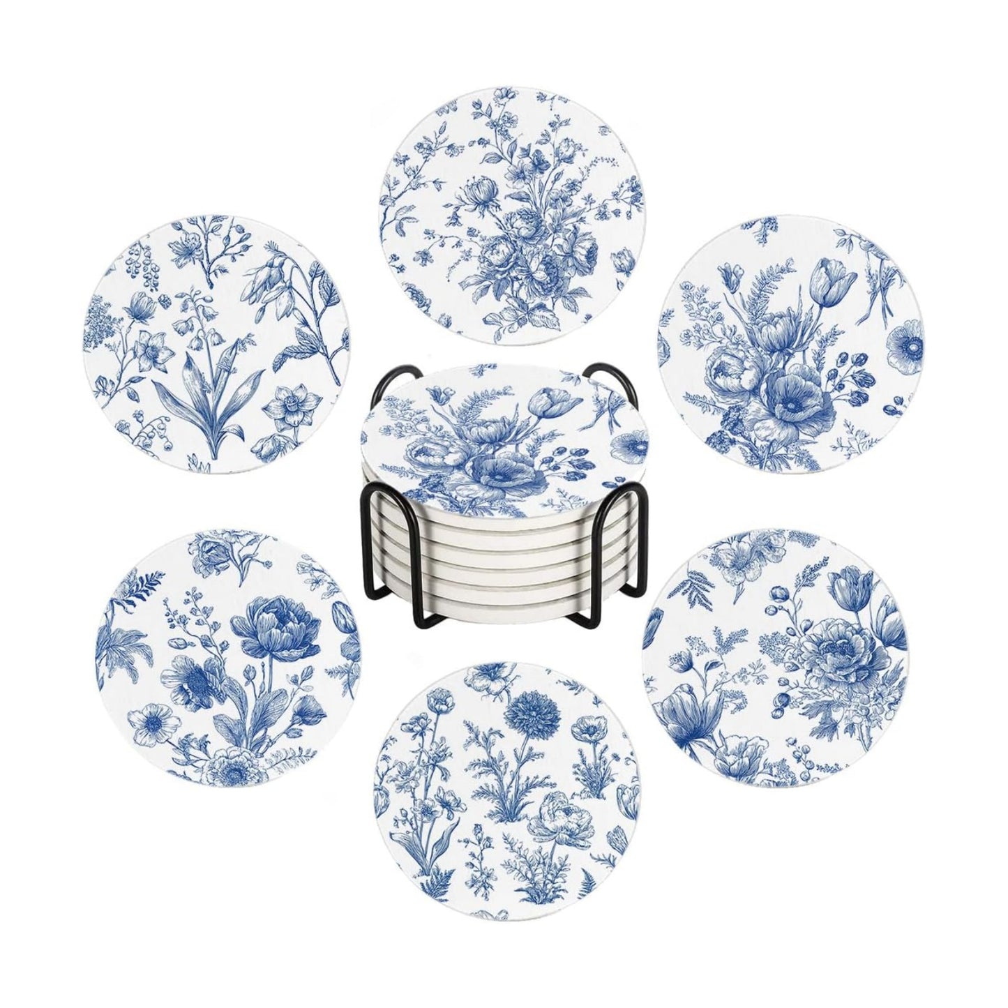 Vintage Flowers Coaster / White Blue Floral / Round / Set of 6