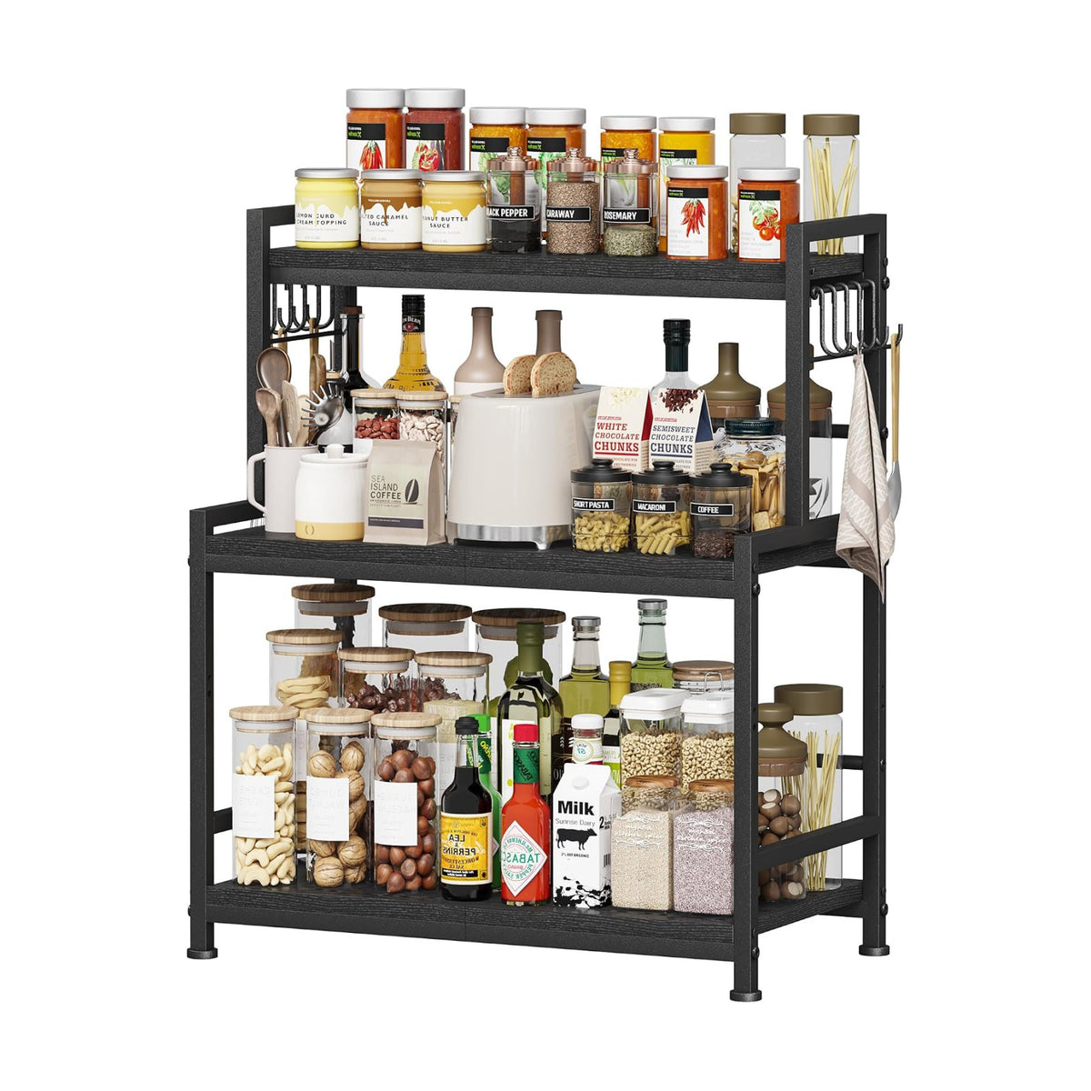 23.6"W Large Kitchen Countertop Organizer, 3 Tier Spice Rack Organizer with Adjustable Shelf and 10 Hooks, Wooden