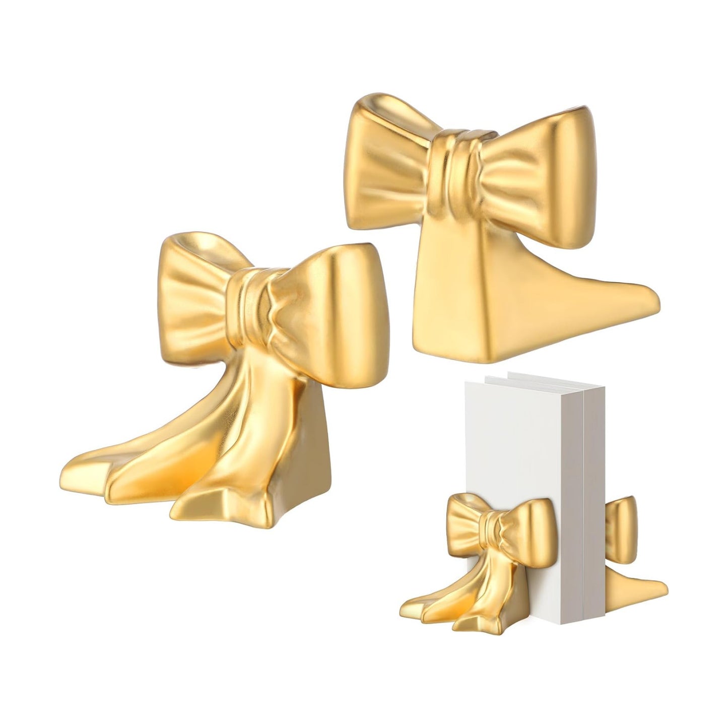 Bow Bookends Ceramic Book Ends Decorative Book Stand Bow Sculpture Statues / Gold / Set of 2