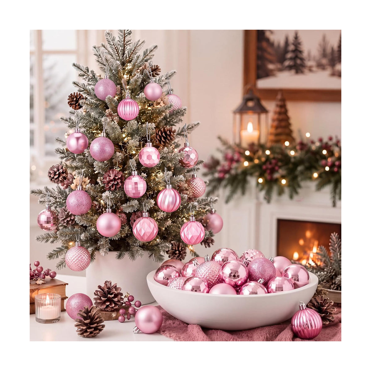 Lunmon 64 Pieces Pink Christmas Ball Ornaments Shiny Pink Xmas Bulbs