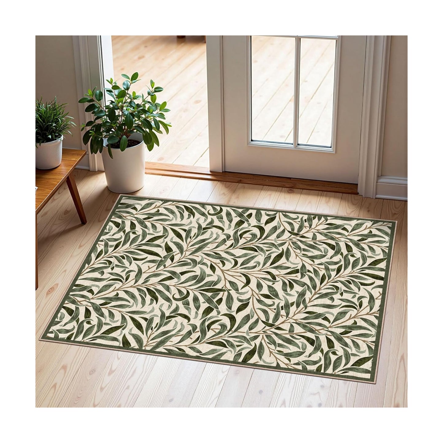 Front Door Mat Outside Entrance, 2x3 Boho Sage Olive Green Leaf Rug