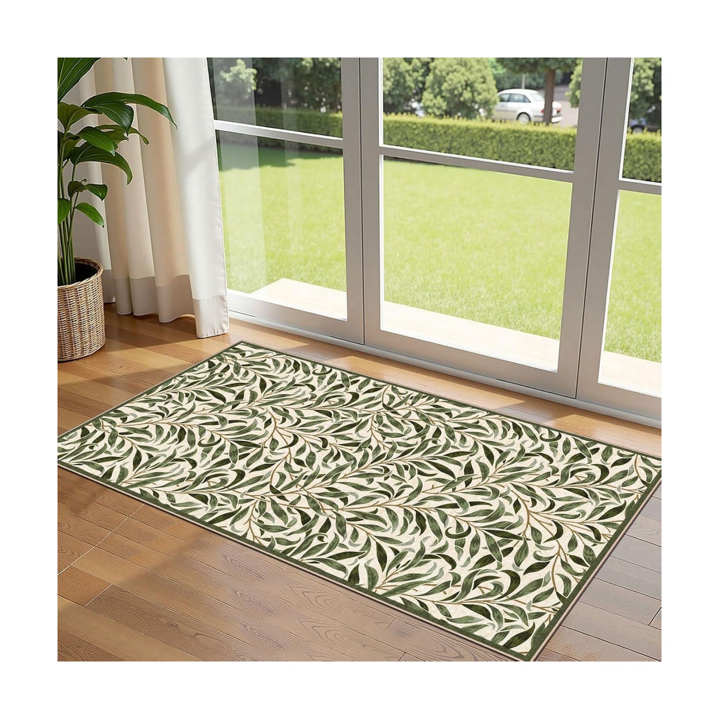 Front Door Mat Indoor Entrance - 2x4.3 Sage Green Leaf Runner Rug