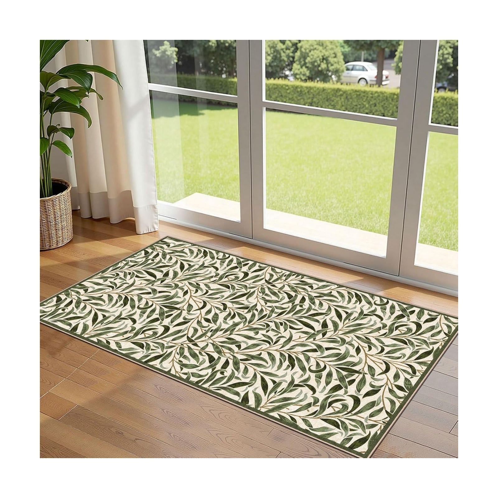 Front Door Mat Indoor Entrance - 2x4.3 Sage Green Leaf Runner Rug