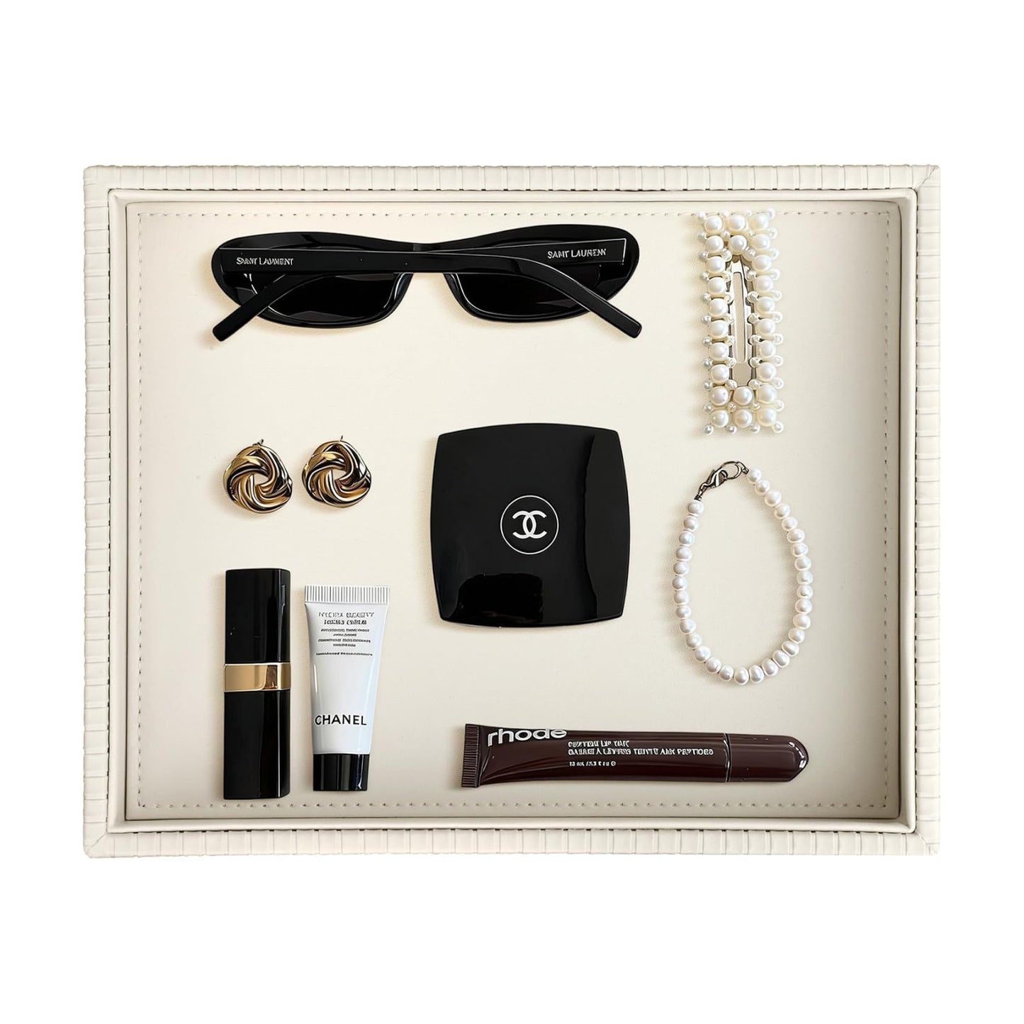 Faux Leather Vanity Tray / Creamwhite Stripe / 10.2 x 8.4 x 1.8