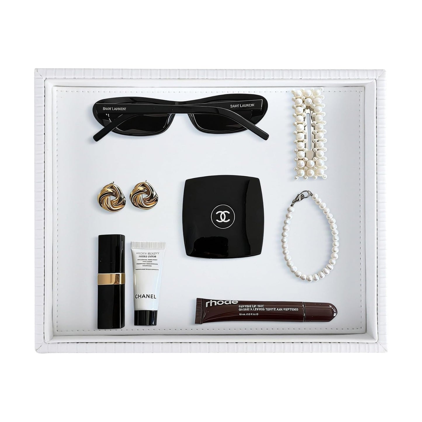 Faux Leather Vanity Tray / White Stripe / 10.2 x 8.4 x 1.8