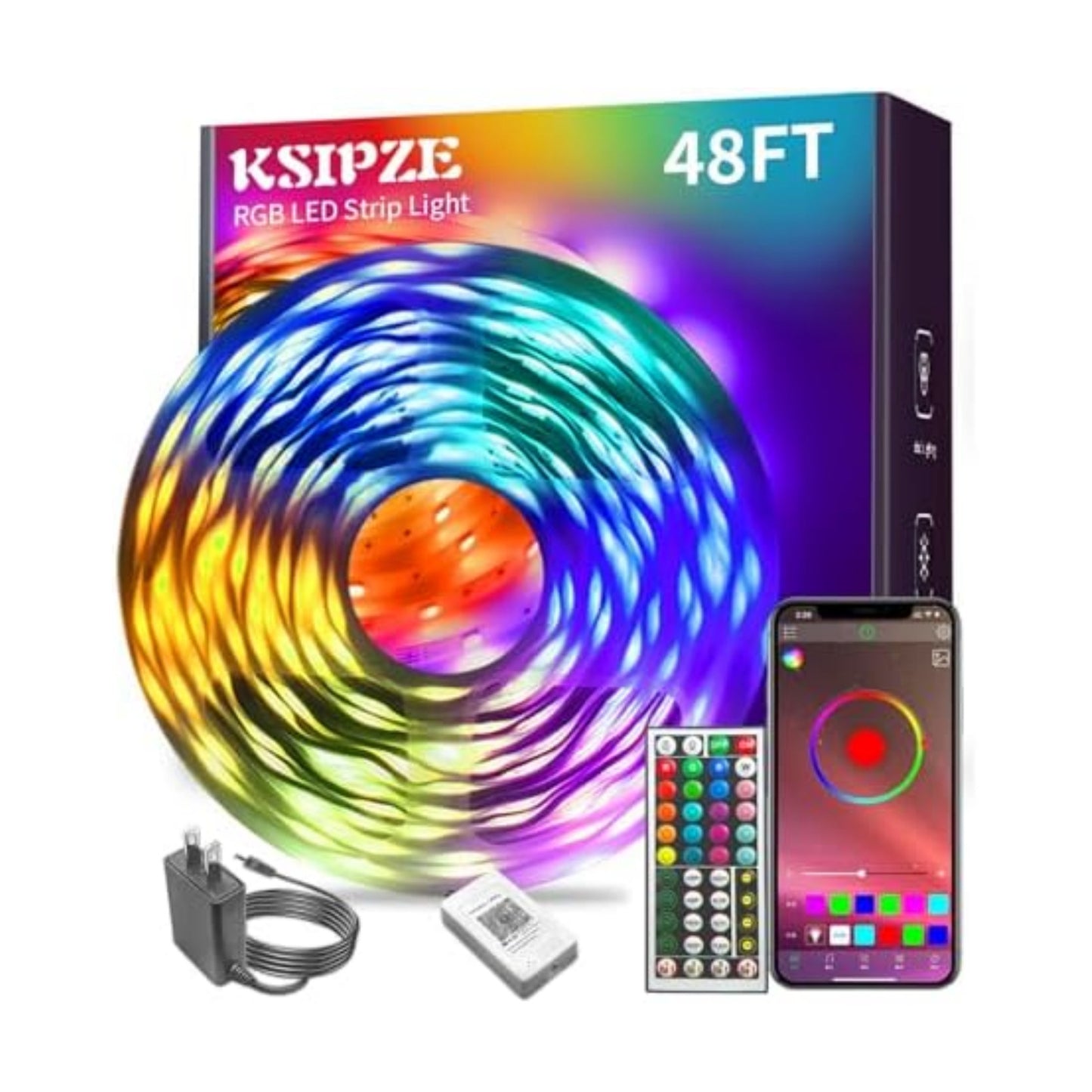 KSIPZE Led Lights for Bedroom 48ft Led Strip Lights with Remote RGB Color Changing Music Sync Bluetooth Smart App