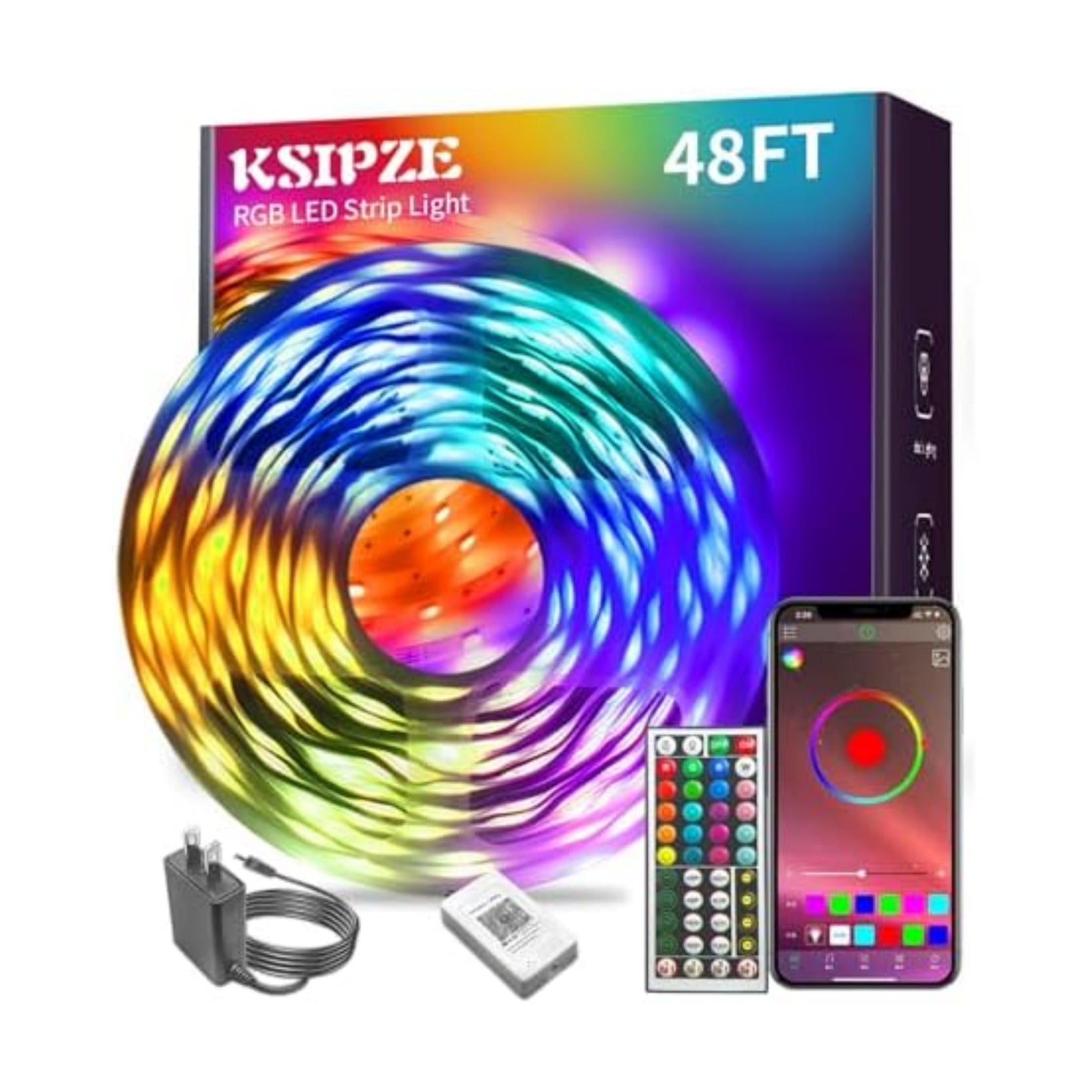 KSIPZE Led Lights for Bedroom 48ft Led Strip Lights with Remote RGB Color Changing Music Sync Bluetooth Smart App
