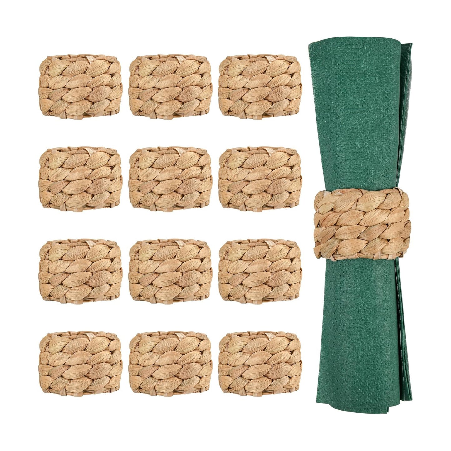 Farmhouse Water Hyacinth Wooden Rustic Napkin Rings Holders / Set of 12