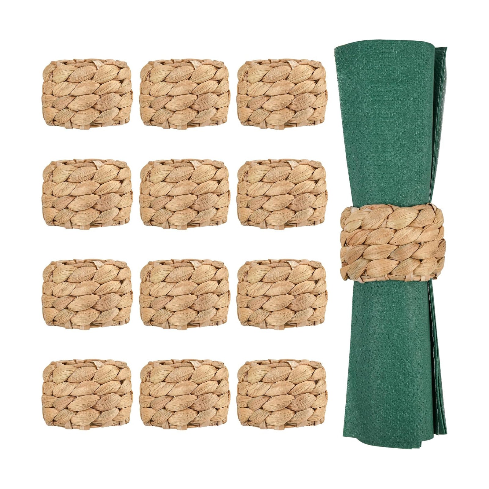Farmhouse Water Hyacinth Wooden Rustic Napkin Rings Holders / Set of 12