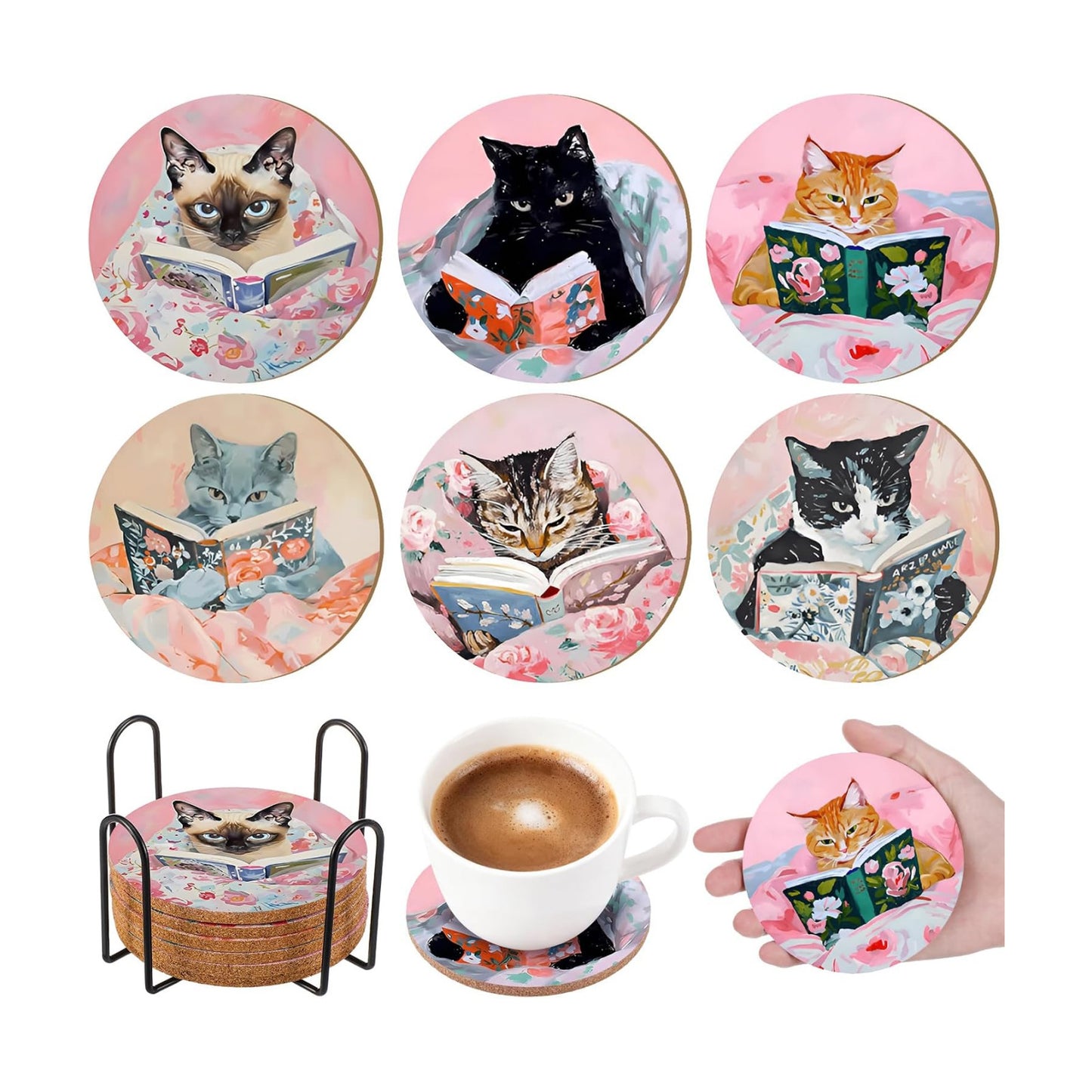 Holder Cat Lover Coaster Funny Cats Designs / Elegant Pattern / Set of 6