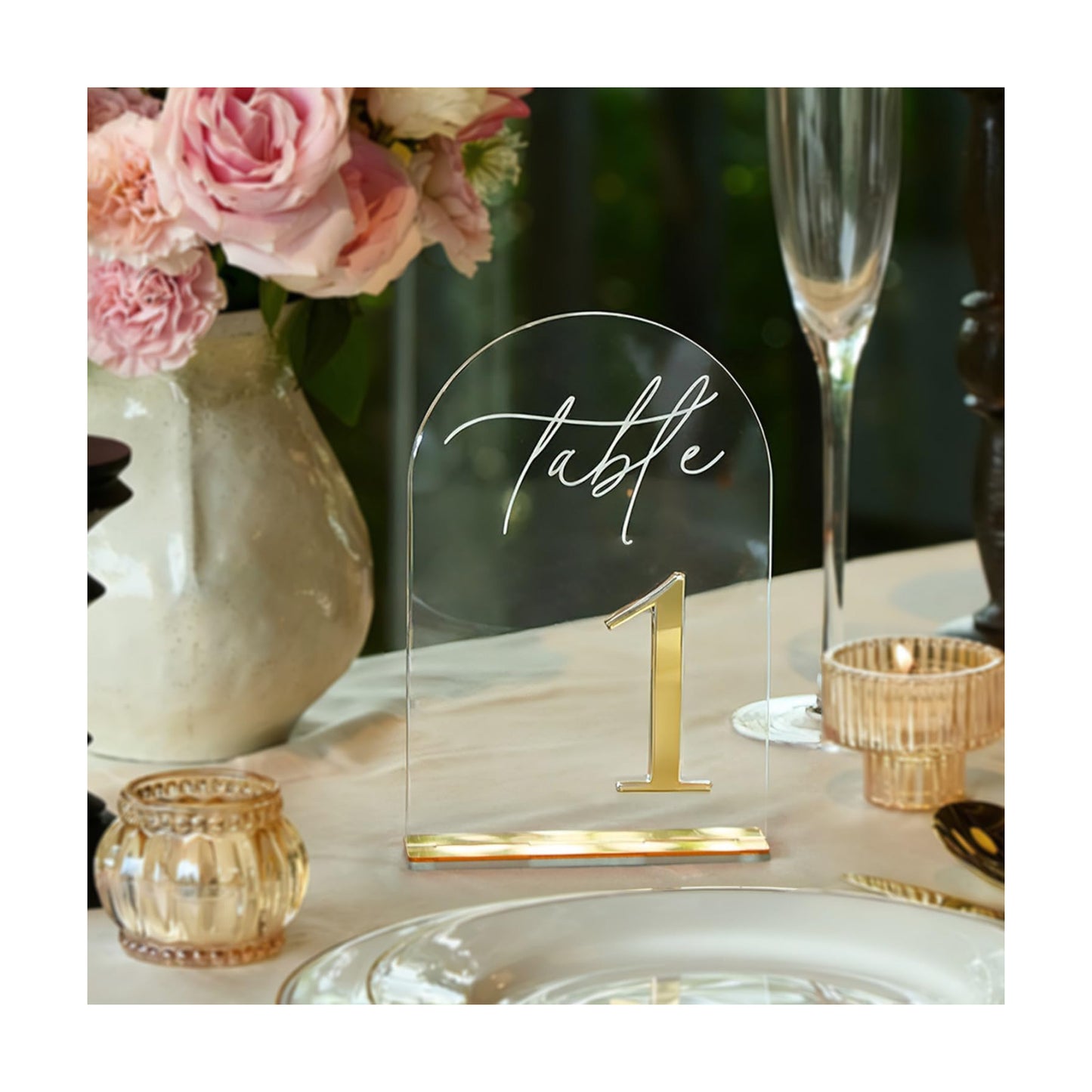 Crystal Clear Acrylic Wedding Table Numbers 1-10 Set, Self-Standing Modern Arched Signs for Reception Seating