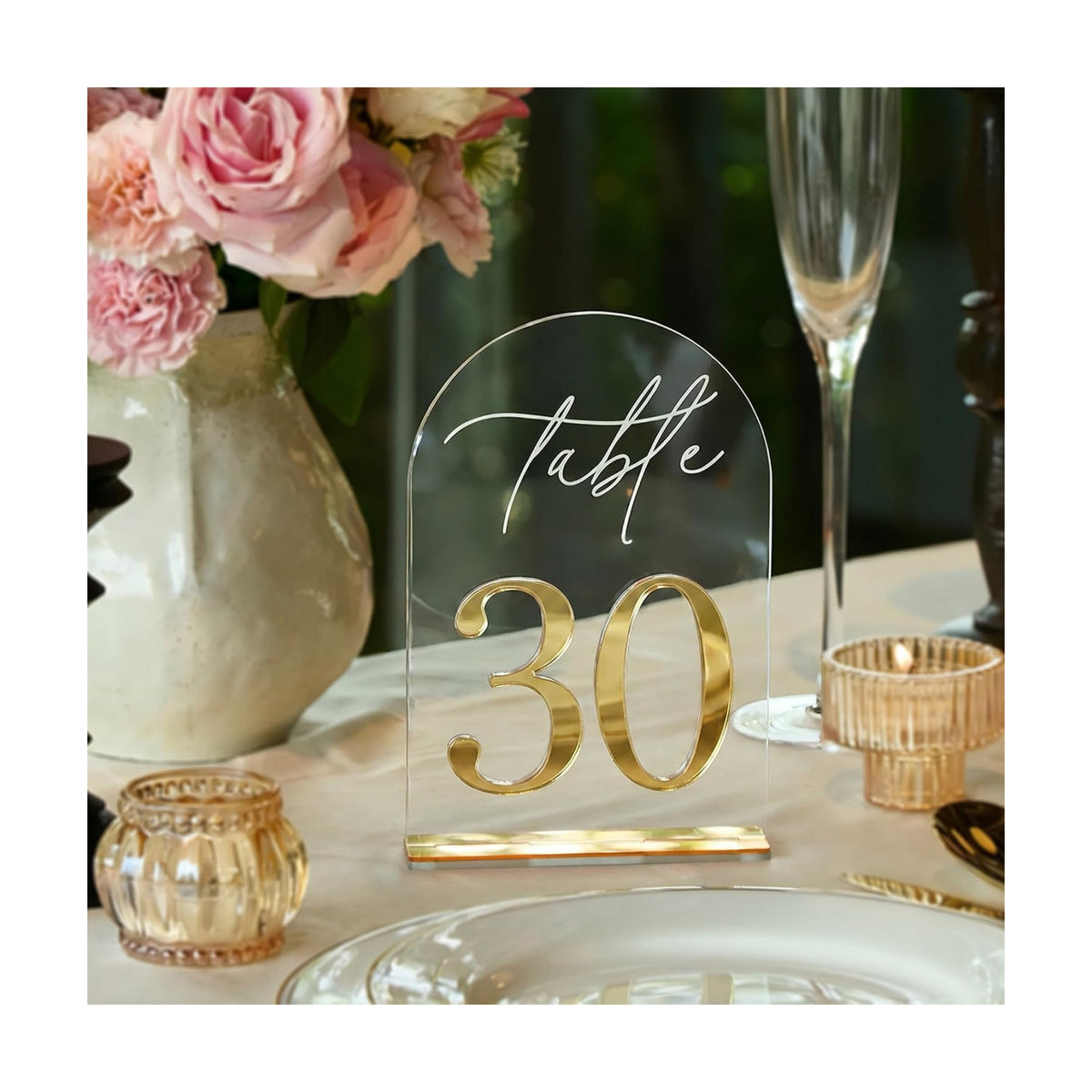Crystal Clear Acrylic Wedding Table Numbers 1-30 Set, Self-Standing Modern Arched Signs for Reception Seating