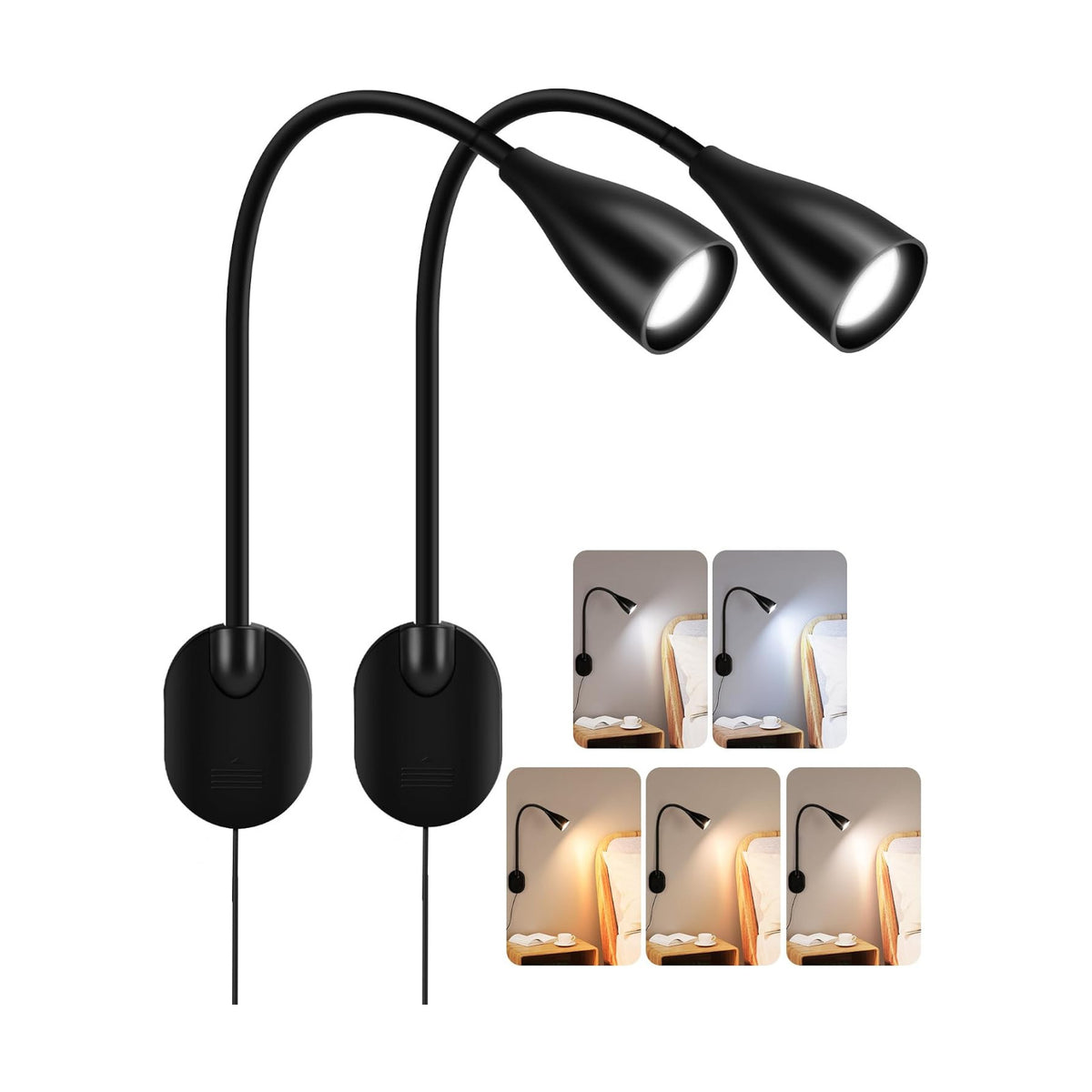 LiFMIRA Wall-Mounted LED Bedside Reading Light USB Charging Port 2Pcs Black | 10-Level Dimmable & Adjustable 5 Color