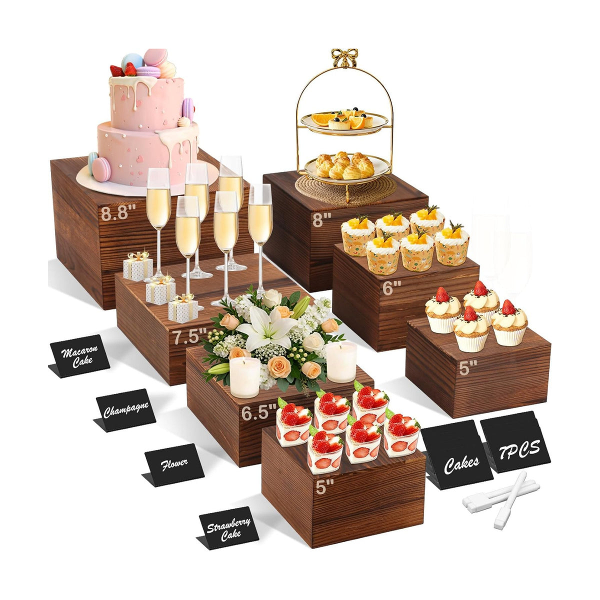 Qinzave 7 Pack Wooden Risers Display Stands with Acrylic Maker Pen and Mini Sign, Food Risers for Buffet Table Shelf