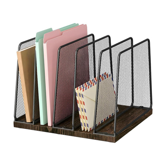 LEKETREE Desk File Organizer, 5-Section Upright File Sorter, Vertical File Folder Holder, Mesh Metal Wood Office