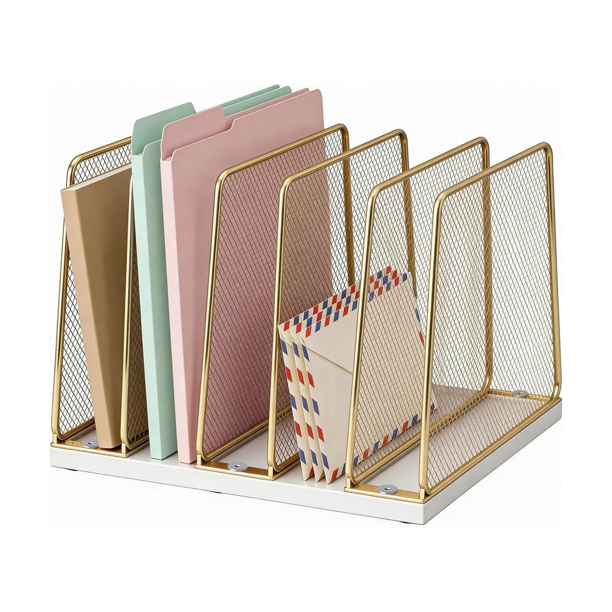 LEKETREE Gold Desk File Organizer, 5-Section Upright File Sorter, Vertical File Folder Holder, Mesh Metal Wood Office