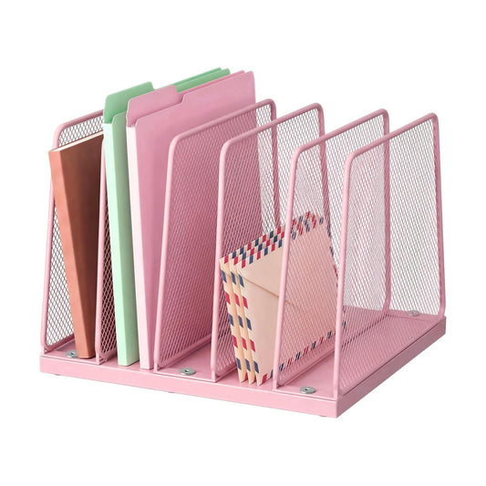 LEKETREE Small Desk File Organizer, 5-Section Upright File Sorter, Vertical File Folder Holder, Mesh Metal Wood Office