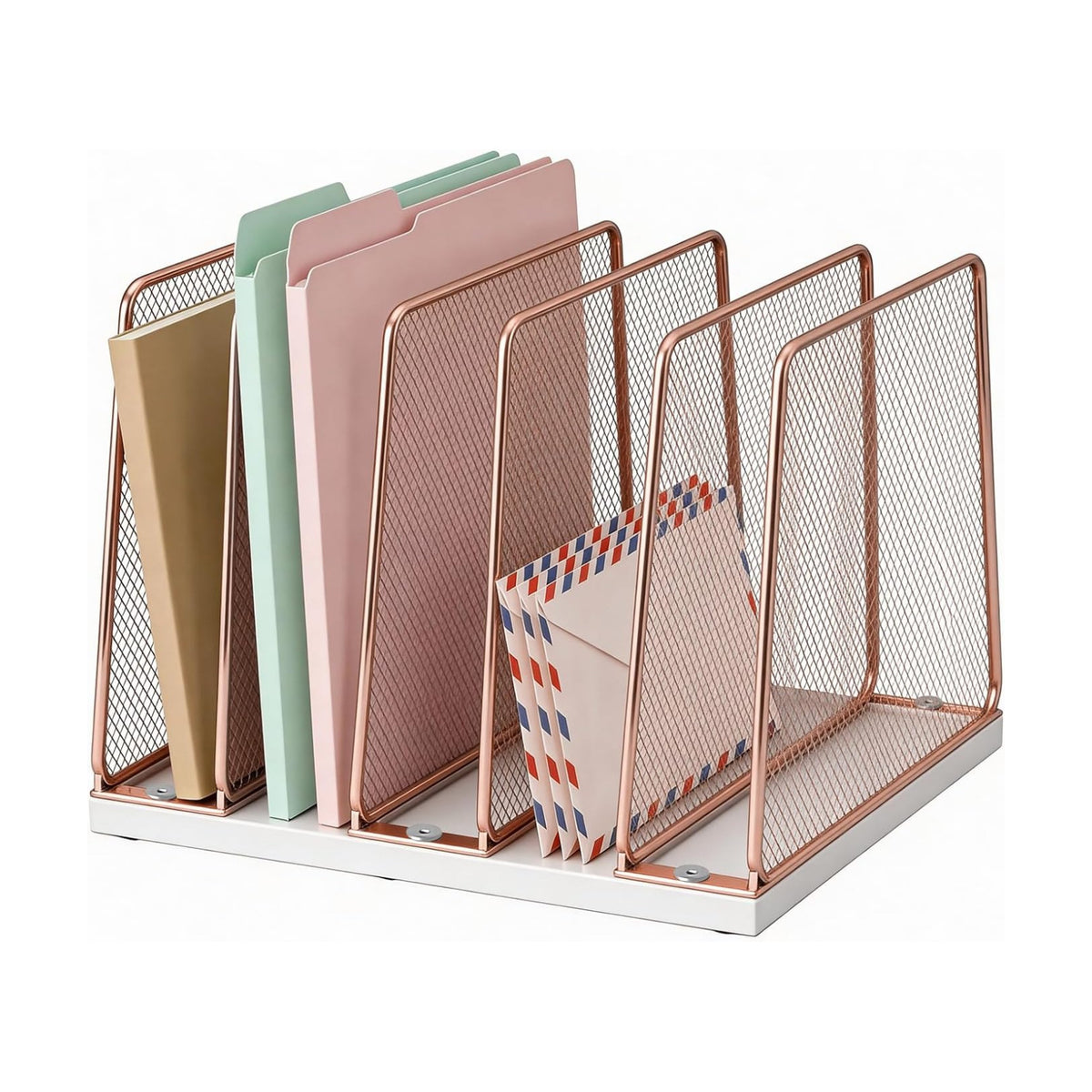 LEKETREE Rose Gold Desk File Organizer, 5-Section Upright File Sorter, Vertical File Folder Holder, Mesh Metal Wood