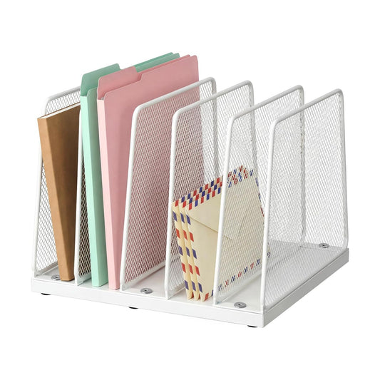 LEKETREE Small Desk File Organizer, 5-Section Upright File Sorter, Vertical File Folder Holder, Mesh Metal Wood Office