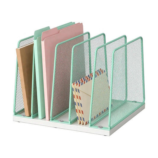 LEKETREE Desk File Organizer, 5-Section Upright File Sorter, Vertical File Folder Holder, Mesh Metal Wood Office