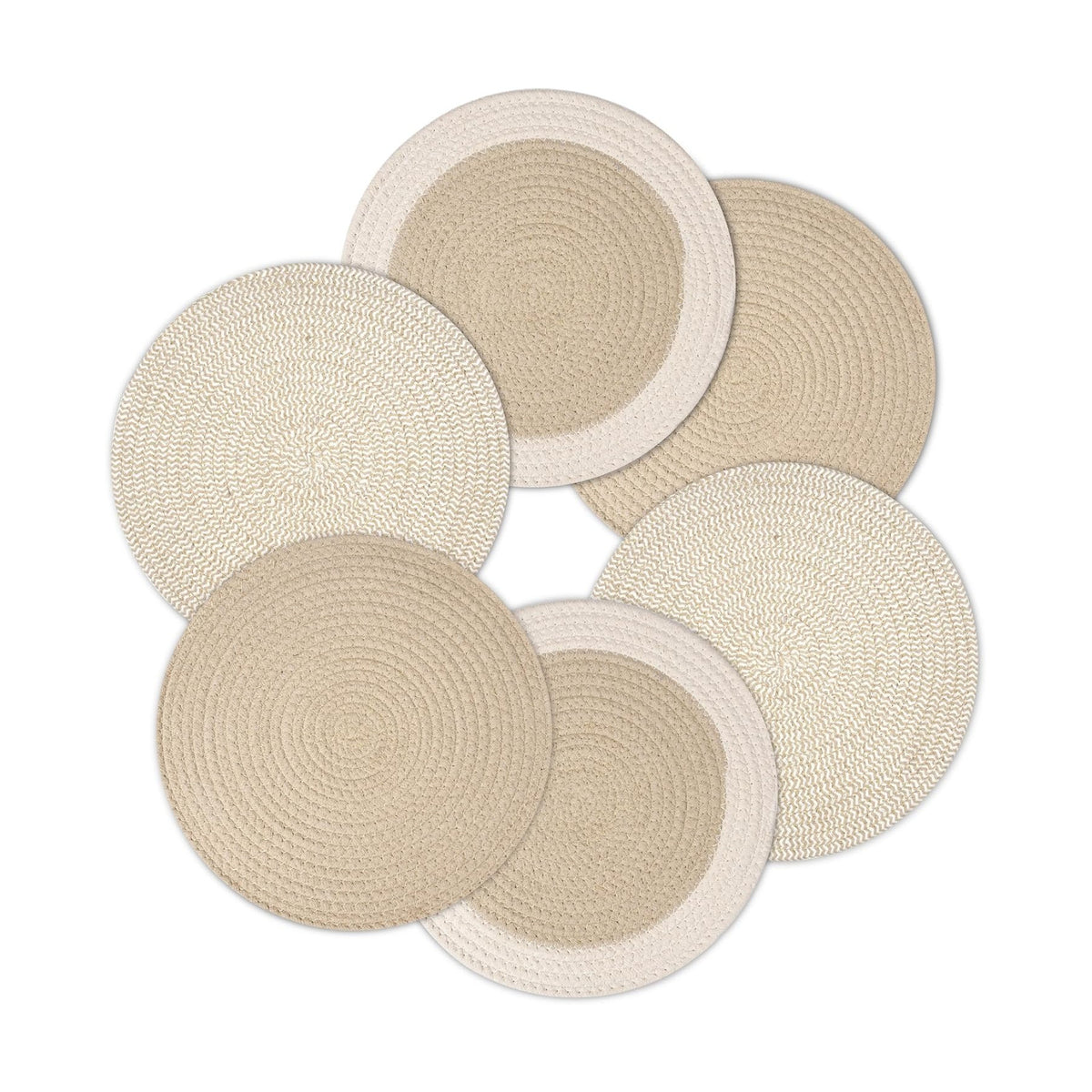Encasa XO Placemats, Round Cotton Dining Table Mats 13" | Beige Mix Combo, Handcrafted Ribbed Texture | Heat Resistant