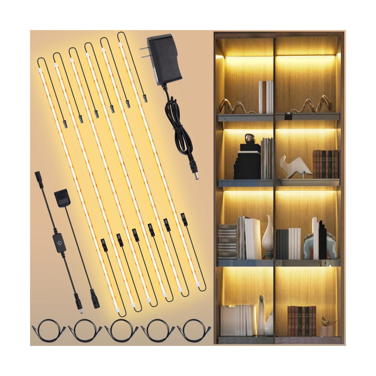JUSJUBR Shelf Lights, 6 PCS 20 Inch Dimmable Flexible COB LED Light Strips, Warm White 3000K, LED Under Cabinet Lights