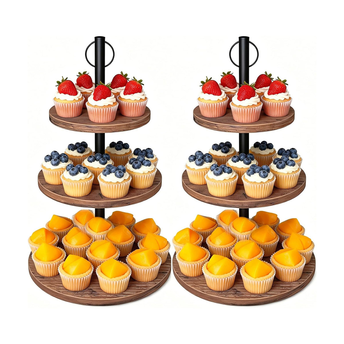 Cupcake Stand, 2 Pack Rustic Wood 3 Tier Cake Stand, Serving Tray | Round Dessert Table Display Set, 3 Tier Cupcake