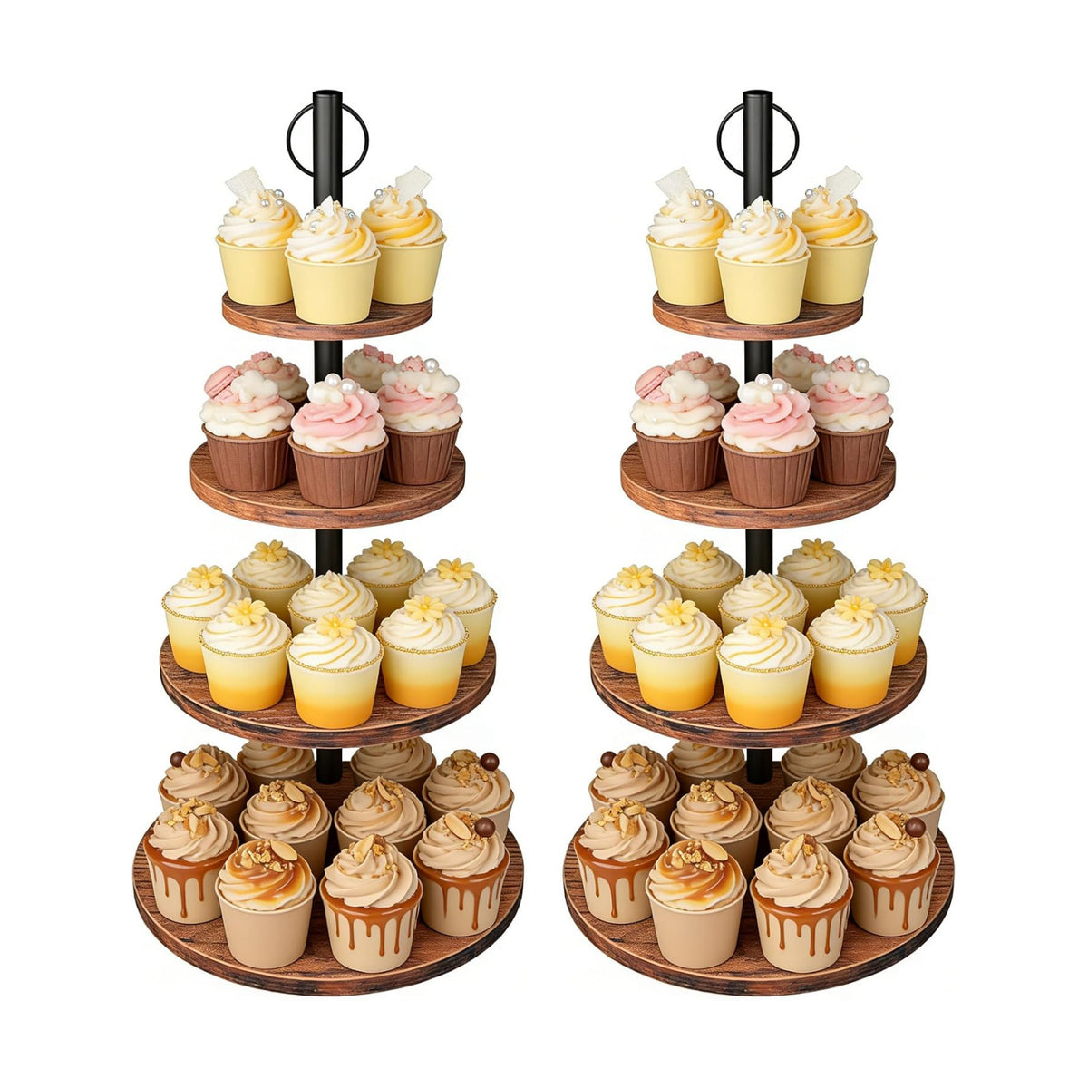 Cupcake Stand, 2 Pack Rustic Wood 4 Tier Cake Stand, Tiered Serving Tray | Round Wooden Dessert Display Set