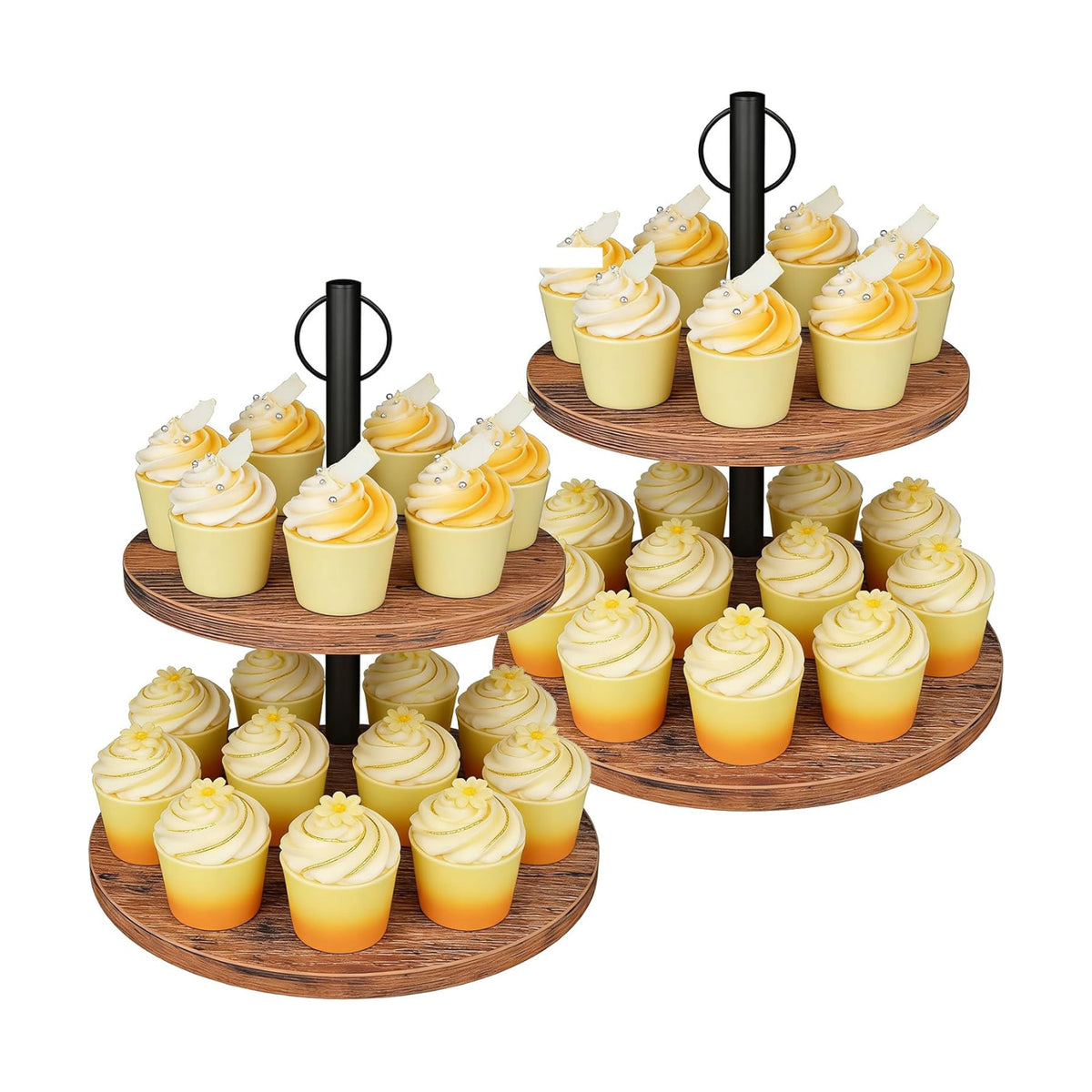 Cupcake Stand, 2 Pack Rustic Wood 2 Tier Cake Stand, Cupcake Tower | Round Dessert Table Display Set, Wooden Tiered