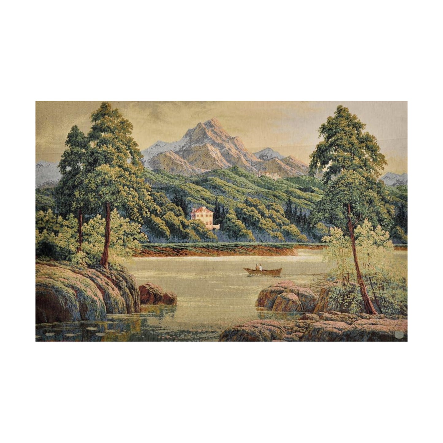 Large Vintage Woven Tapestry Wall Hanging / Earthy - Alpine Lake Mountain with Lining / 41.5 x 28