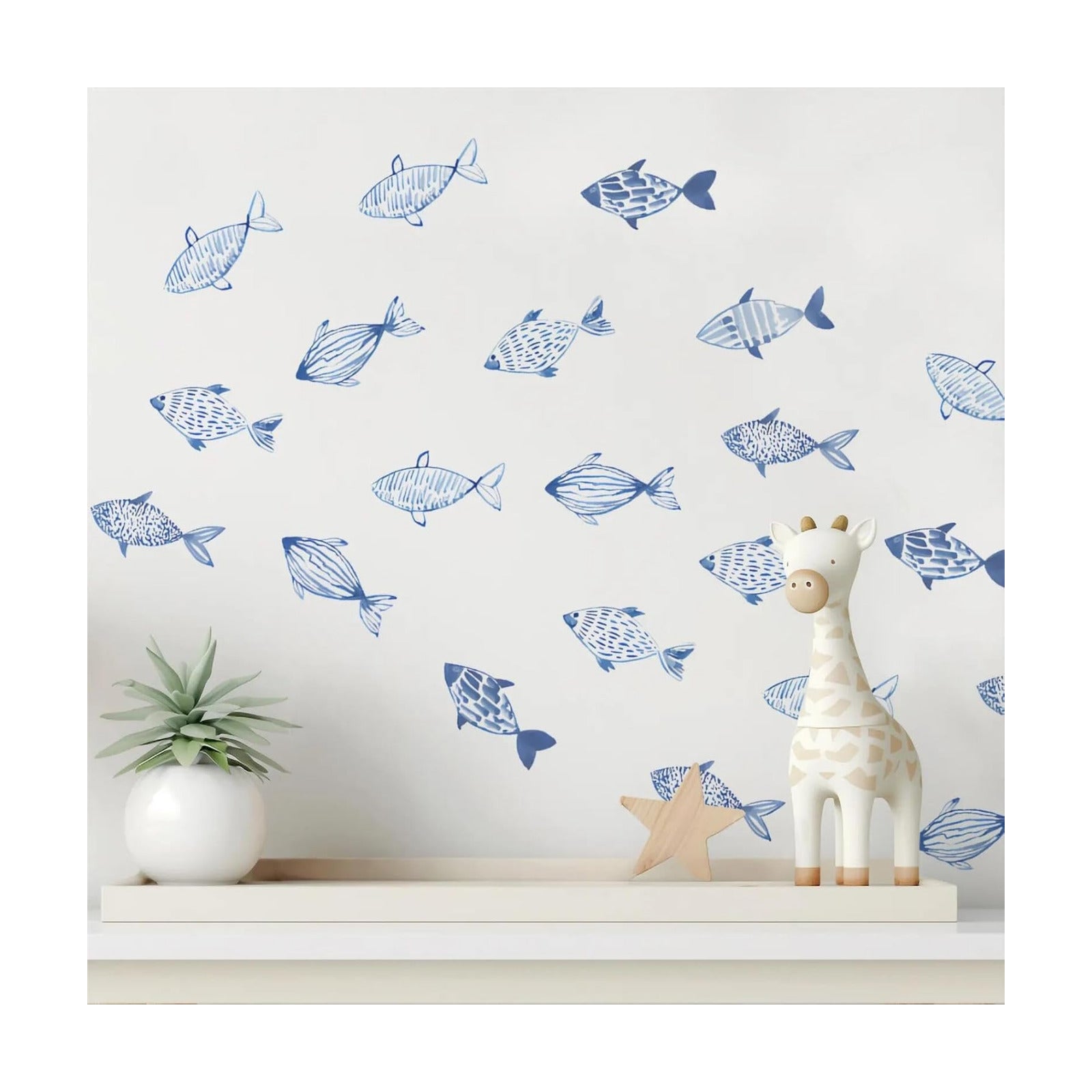 Hand Drawn Watercolor Fish Underwater World Wall Decals Waterproof / Blue Fish / Set of 30