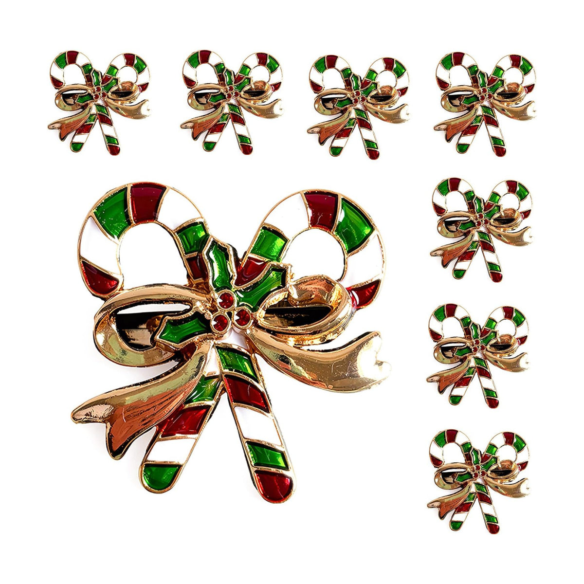 Alloy Candy Cane Bow Napkin Rings (8-Set Pack) - Dinner Napkin Holder & Festive Tabletop Topper for Holiday Table Decor