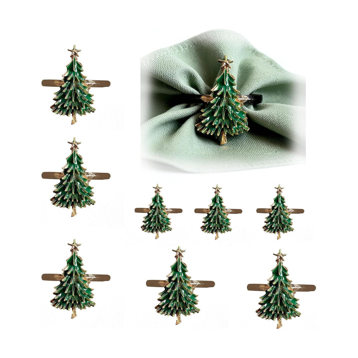 Christmas Tree Napkin Rings Set of 8, Gold Alloy Napkin Holders with Star Topper, Green Enamel Holiday Table Decor for Christmas Dinner