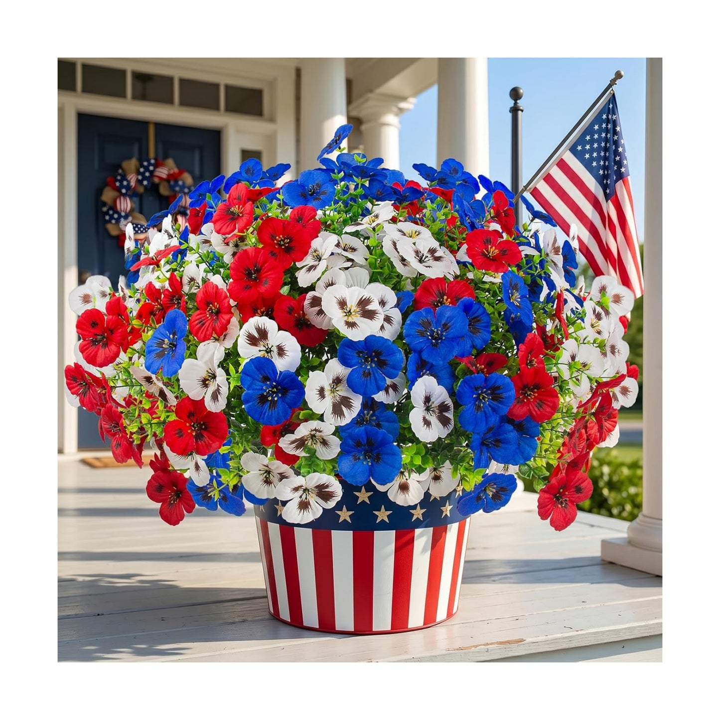Artificial Fake Pansy Flowers / Red, White, Blue / Set of 18
