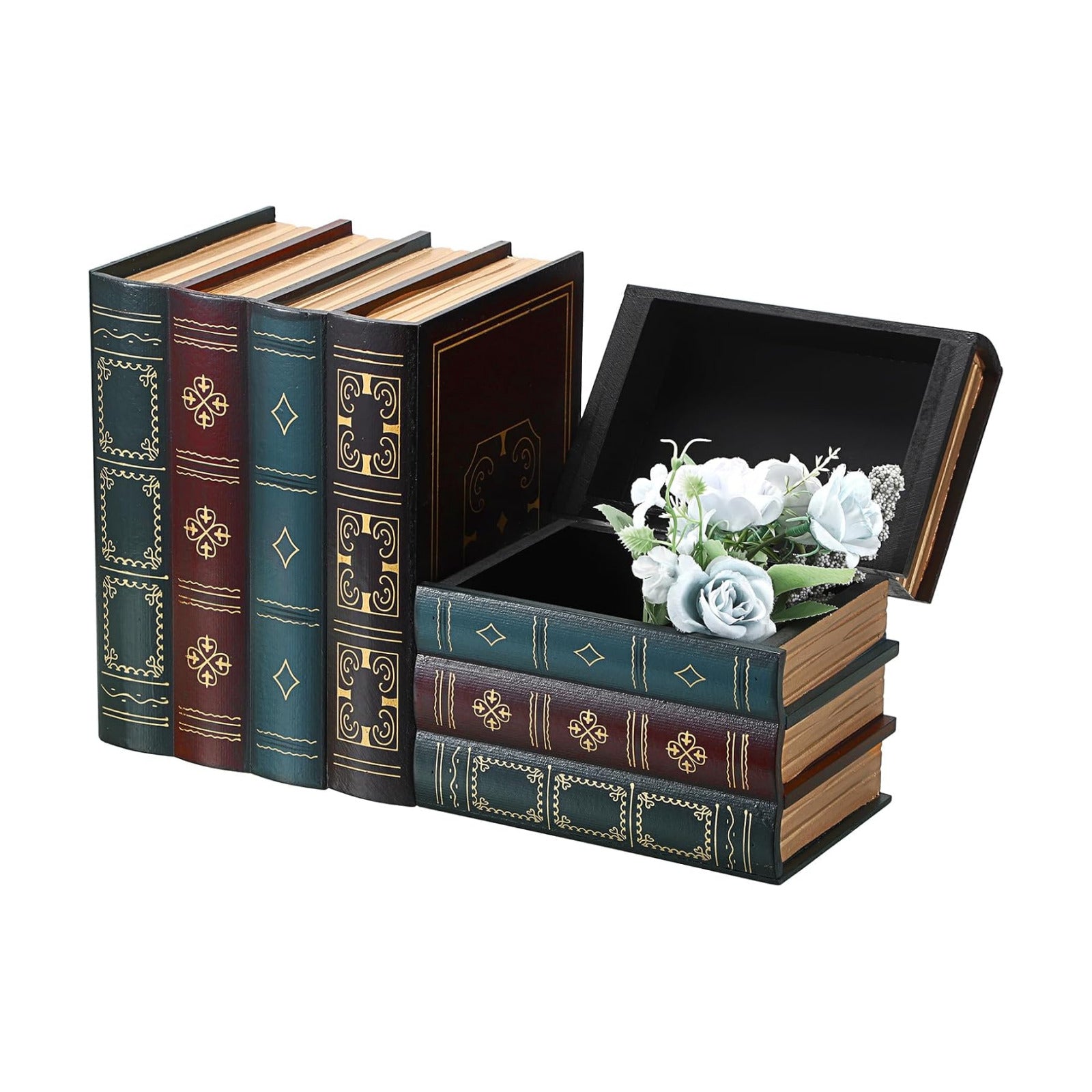 Faux Stacked Hollow Books / Green Bottom / Set of 2