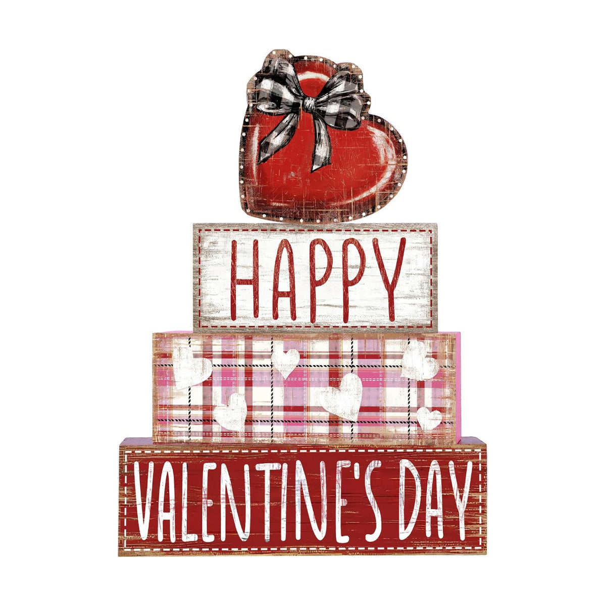 DIYDEC 4Pcs Valentine's Day Table Decoration Valentine Heart Wooden Block Signs Rustic Valentines Tiered Tray Decor Happy Valentine's Day Centerpiece Sign for Farmhouse Holiday Tabletop Party Decor
