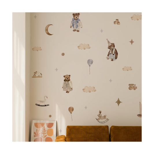 Boho Vintage Teddy Baby Sailboat Ball Wall Stickers for New Neutral Kids Room Decor / Teddy Bear