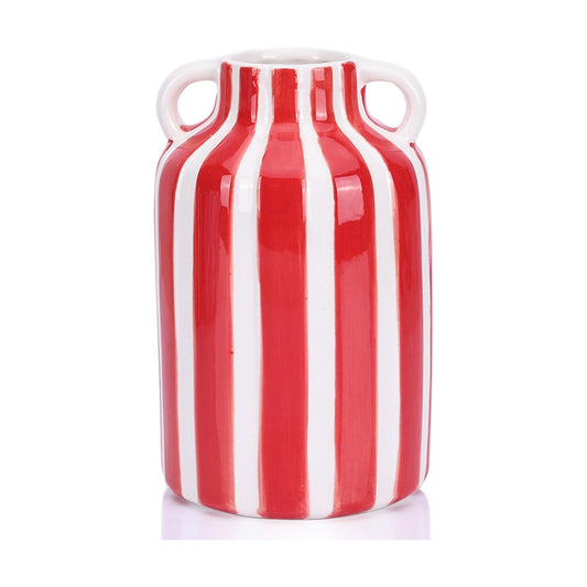 Ceramic Vase / Mid Century Modern Striped Vase for Flower & Pampas Grass Centerpiece / Red and White