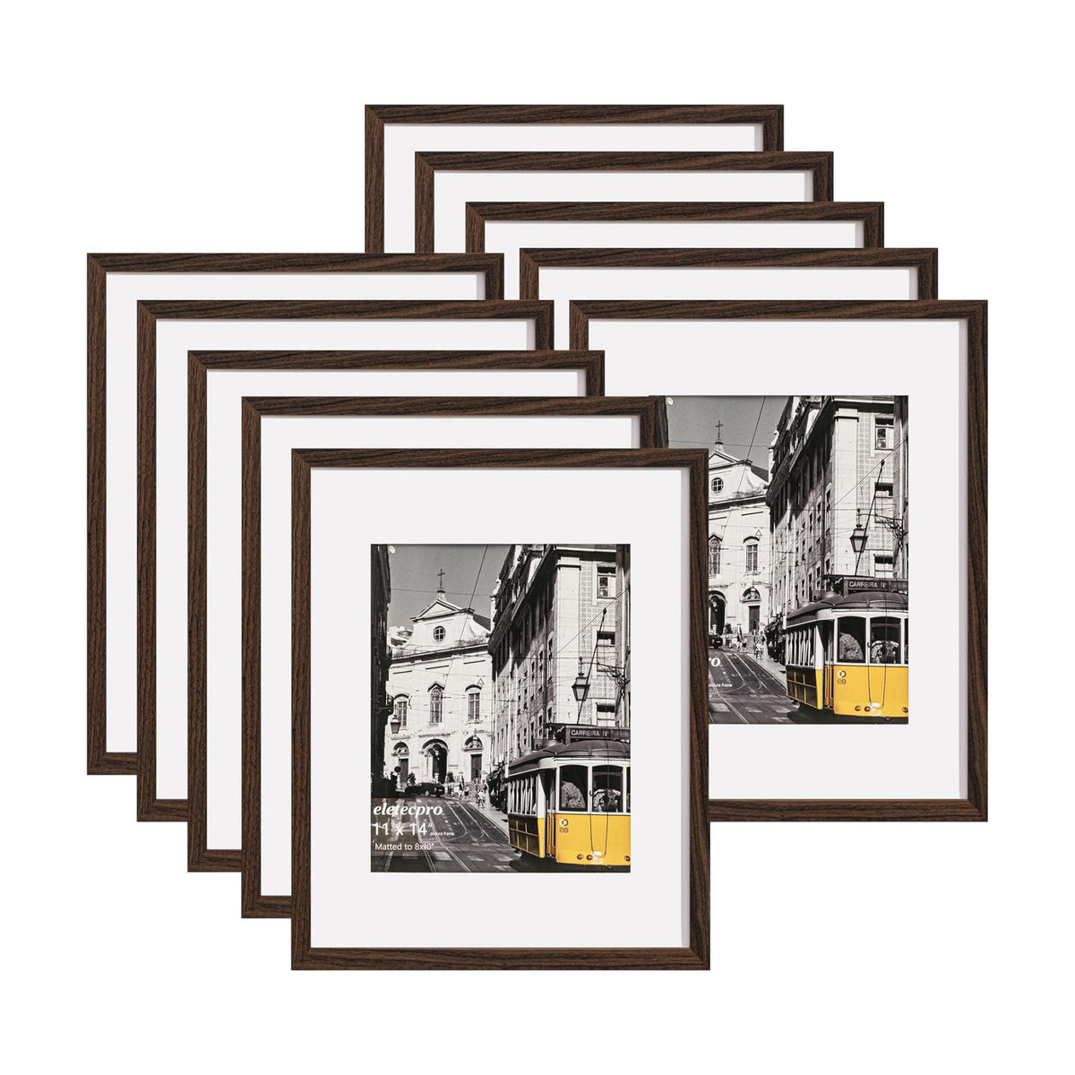 eletecpro 11x14 Picture Frames, Acrylic Cover, Walnut Brown, Set of 10 | Display Photo 8x10 with Mat or 11x14 without