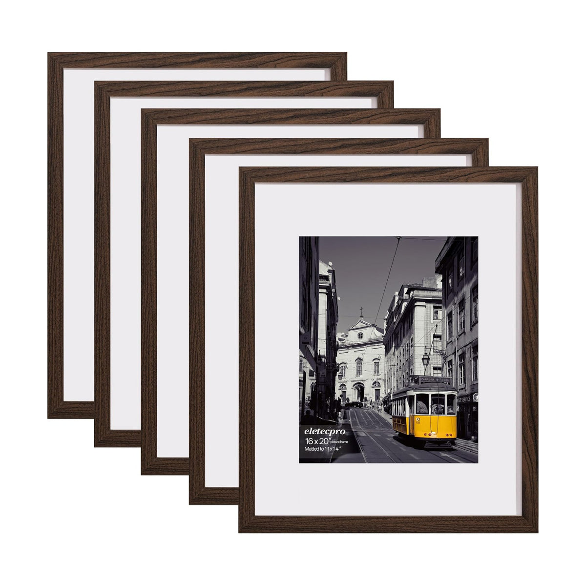 eletecpro 16x20 Picture Frames, Acrylic Cover, Walnut Brown, Set of 5 | Display Photo 11x14 with Mat or 16x20 without