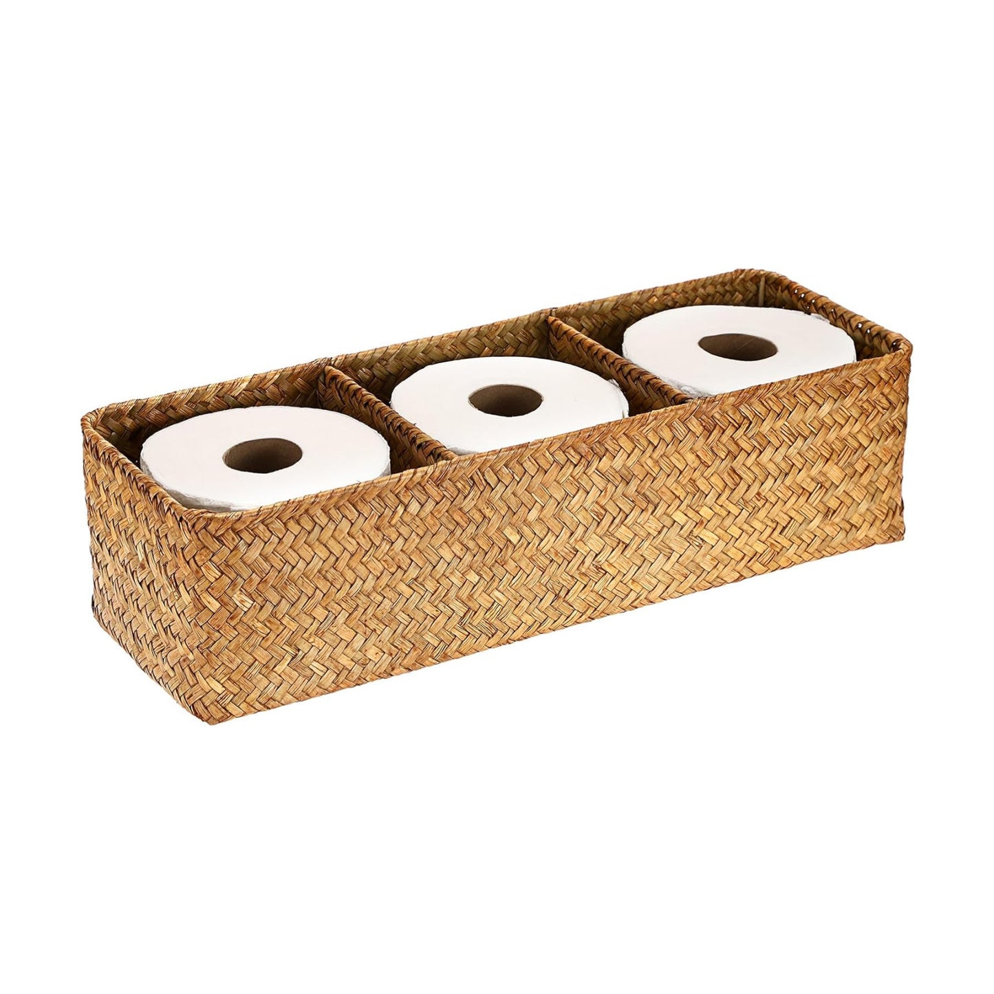 Handwoven Seagrass Storage Basket 3 Sections Toilet Tank Paper Organizer / Large / Caramel