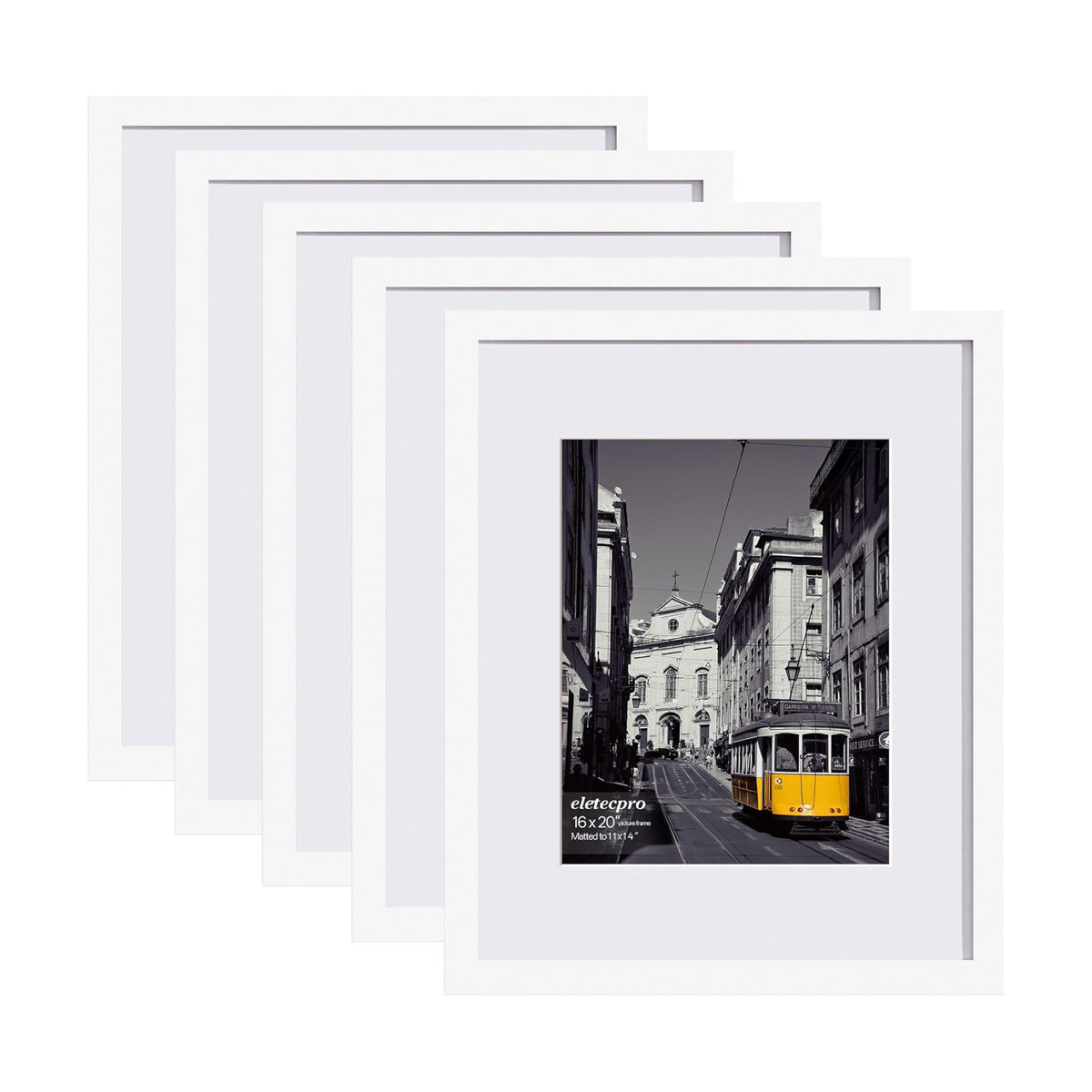 eletecpro 16x20 Picture Frames, Acrylic Cover, White, Set of 5 | Display Photo 11x14 with Mat or 16x20 without