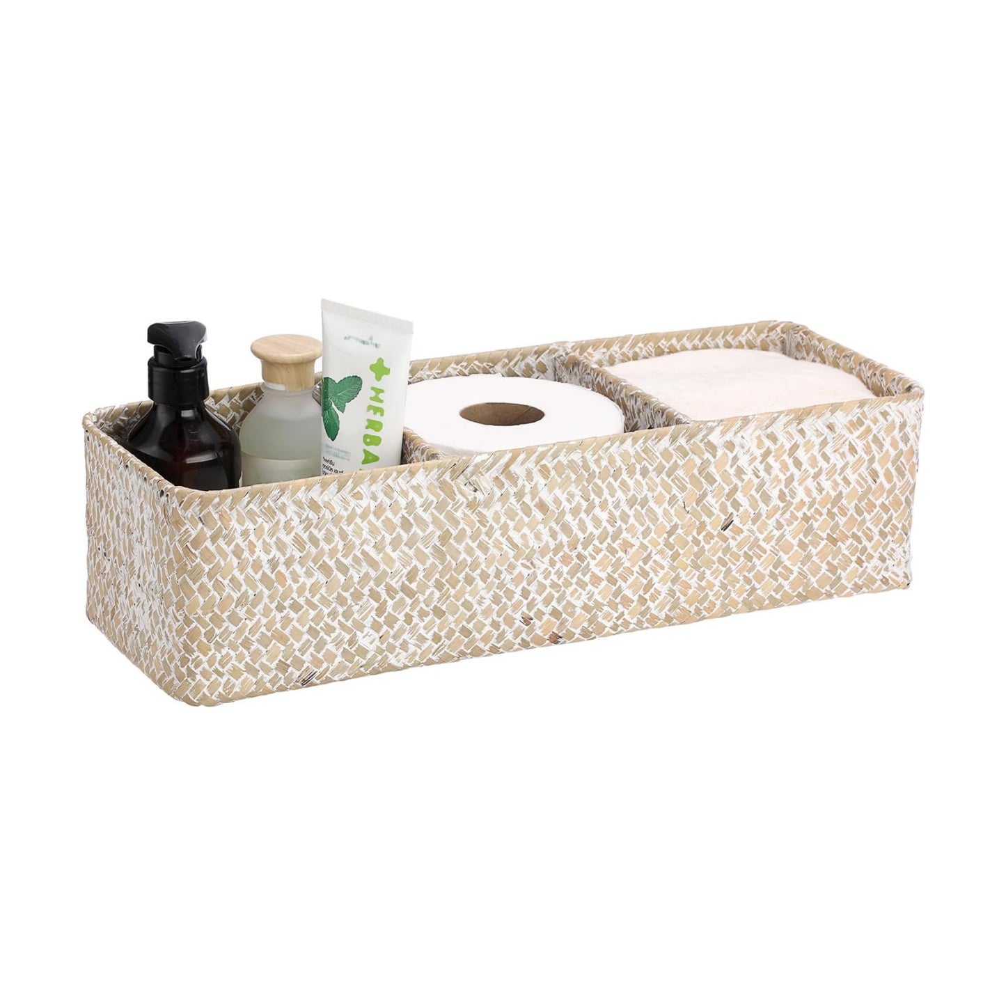 Handwoven Seagrass Storage Basket 3 Sections Toilet Tank Paper Basket Wicker / Large / Whitewash