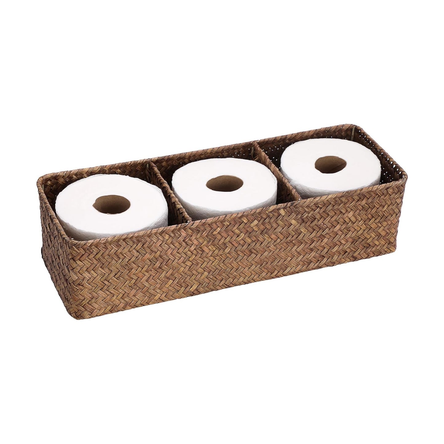 Handwoven Wicker Storage Box 3 Sections Seagrass Basket Bin Toilet Paper Holder / Large / Coffee