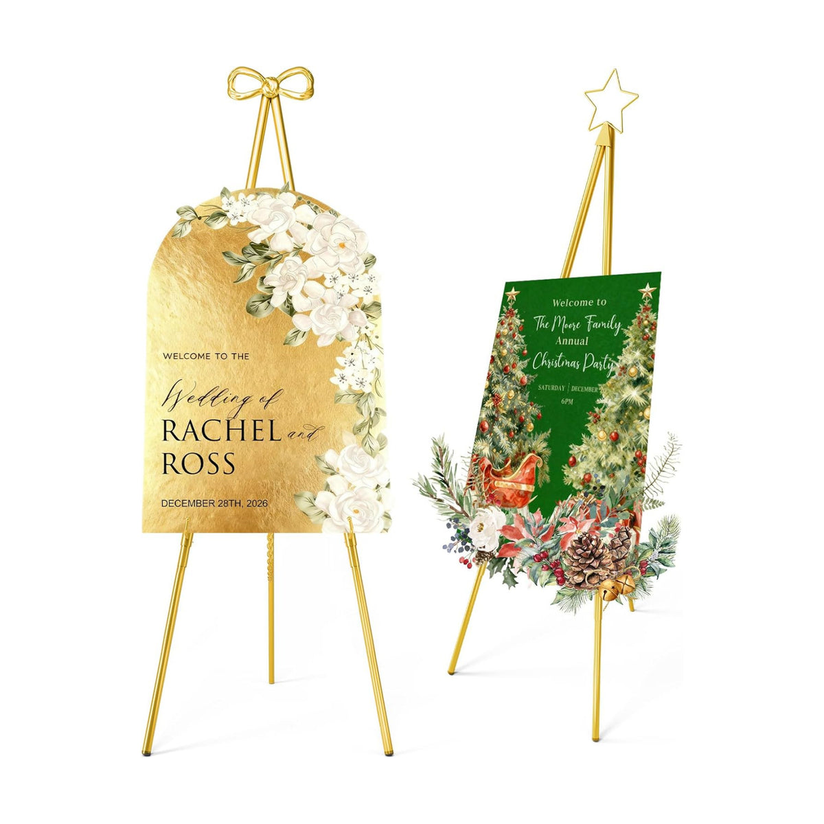 Interchangeable Bow & Star Top Gold Easel Stand for Sign, 62"–47" Height Adjustable Heavy Duty Wedding Easel Stand with