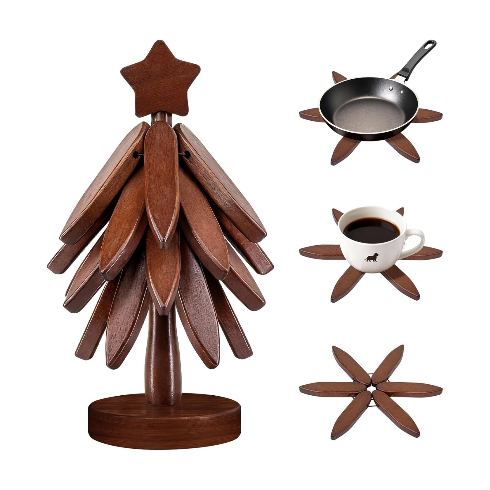Wooden Tree Trivet + 1 Stand Stored Like a Christmas Tree / Set of 4