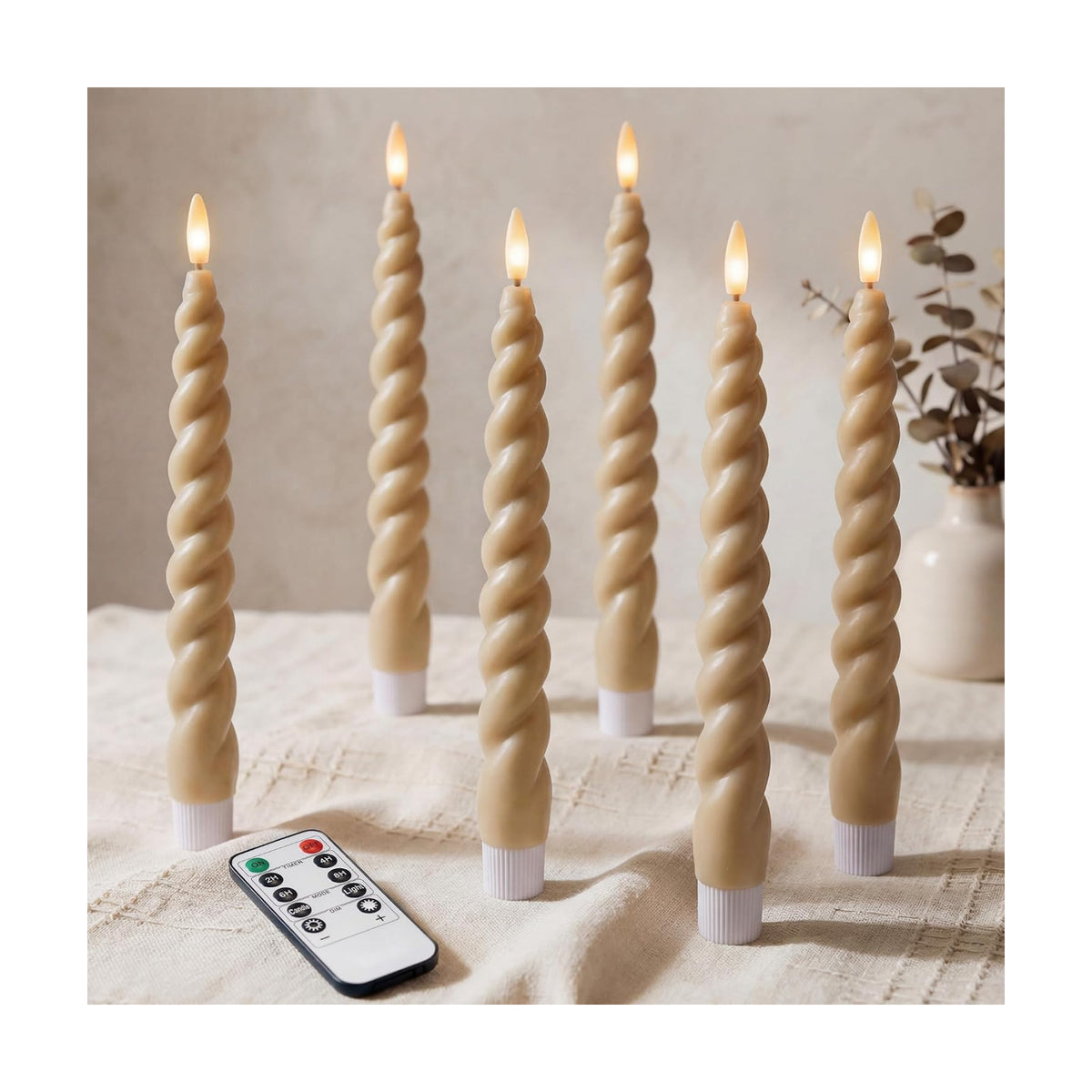 Full Twisted Spiral Flameless LED Taper Candles – Light Tan, Set of 6 – 2/4/6/8-Hr Timer (24-Hr Memory), Remote