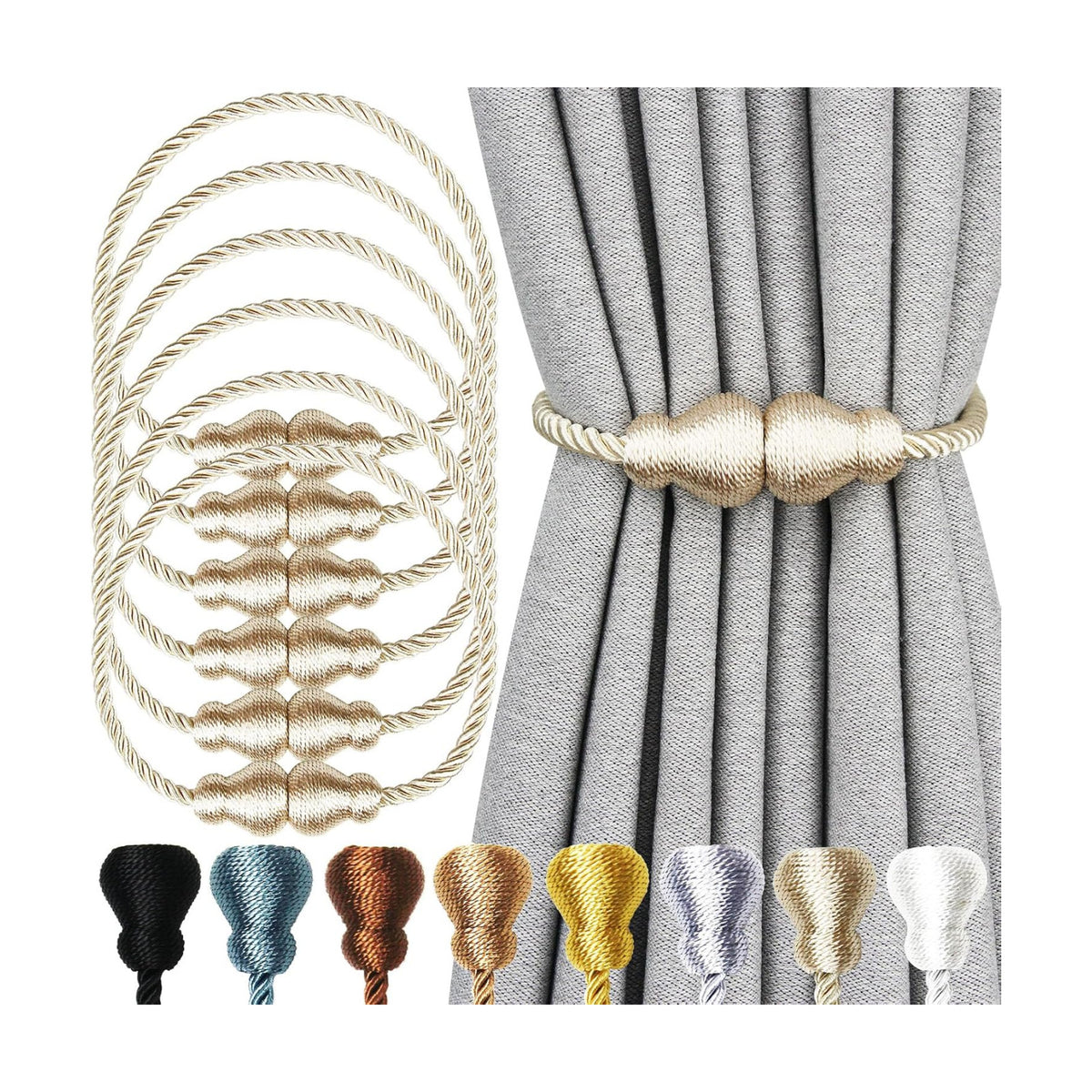 Magnetic Curtain Tiebacks Decorative Curtain Holders for Drapes Nieffeiy | 6 Pack Beige Outdoor Tie Backs Rope Window