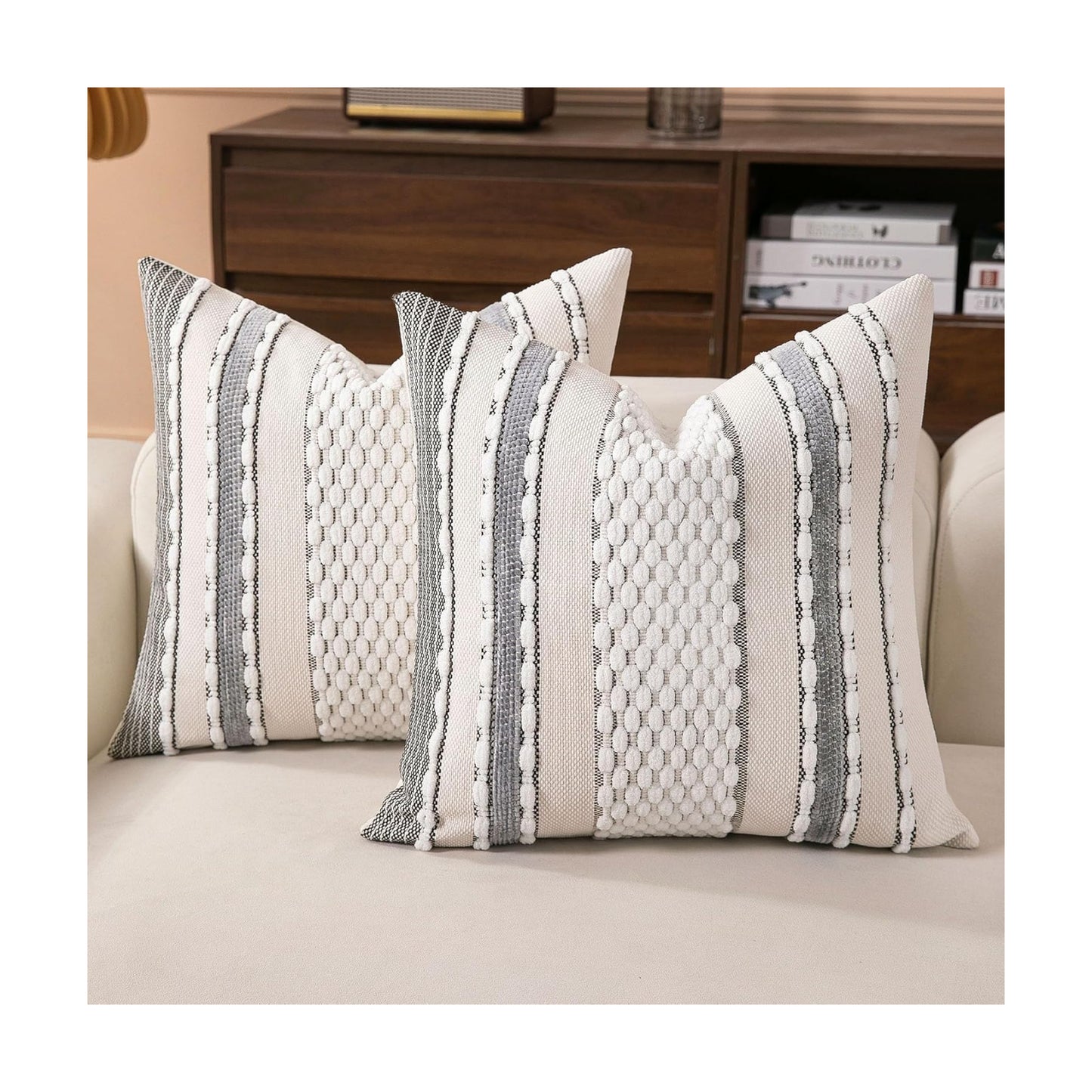 Boho Striped Throw Pillow Covers Farmhouse Square Decorative / Black White / 18 x 18 / Set of 2